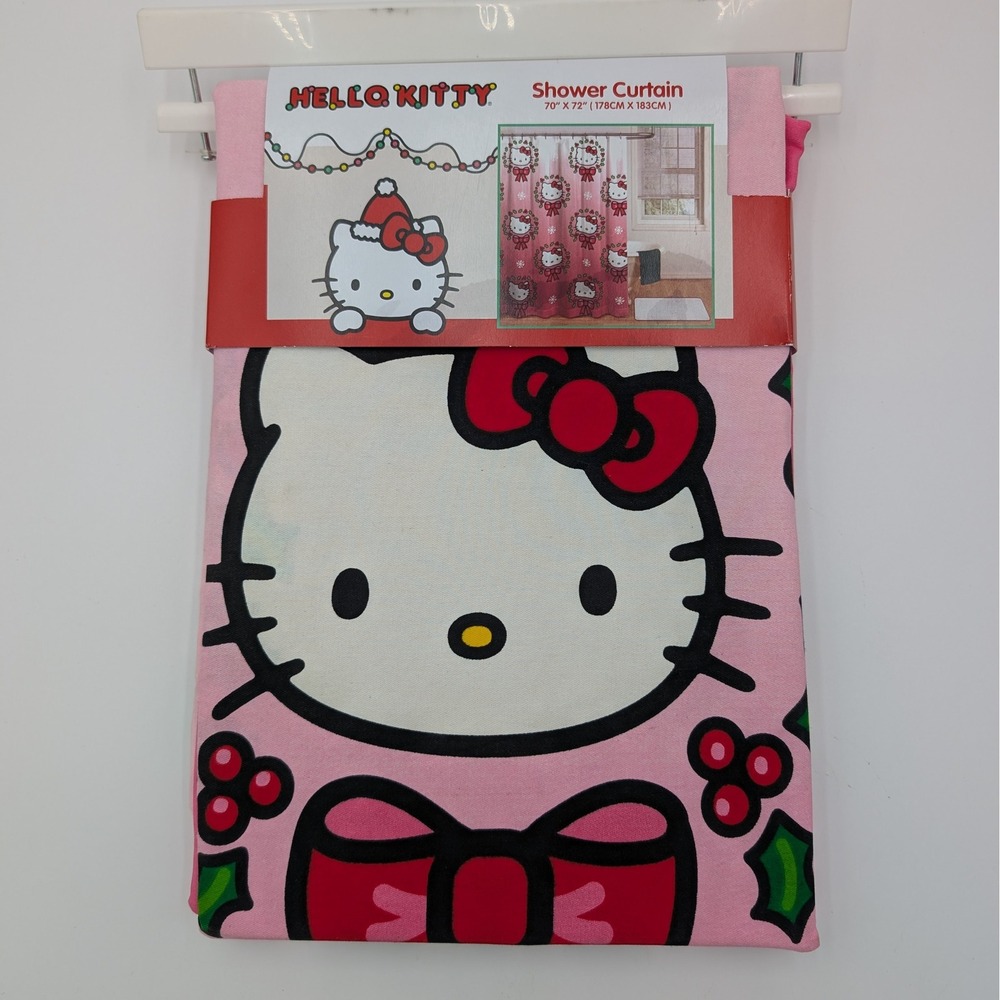 Hello Kitty Christmas Shower Curtain 70x72 Pink Holly Berry Wreath Cotton
